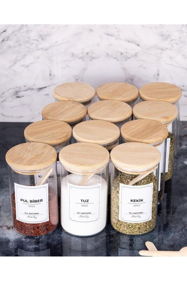 12'li Etiketli 250 ml Bambu Vakum Kapaklı Borosilikat Cam Baharatlık Saklama Kabı Seti(Kaşık Dahil)