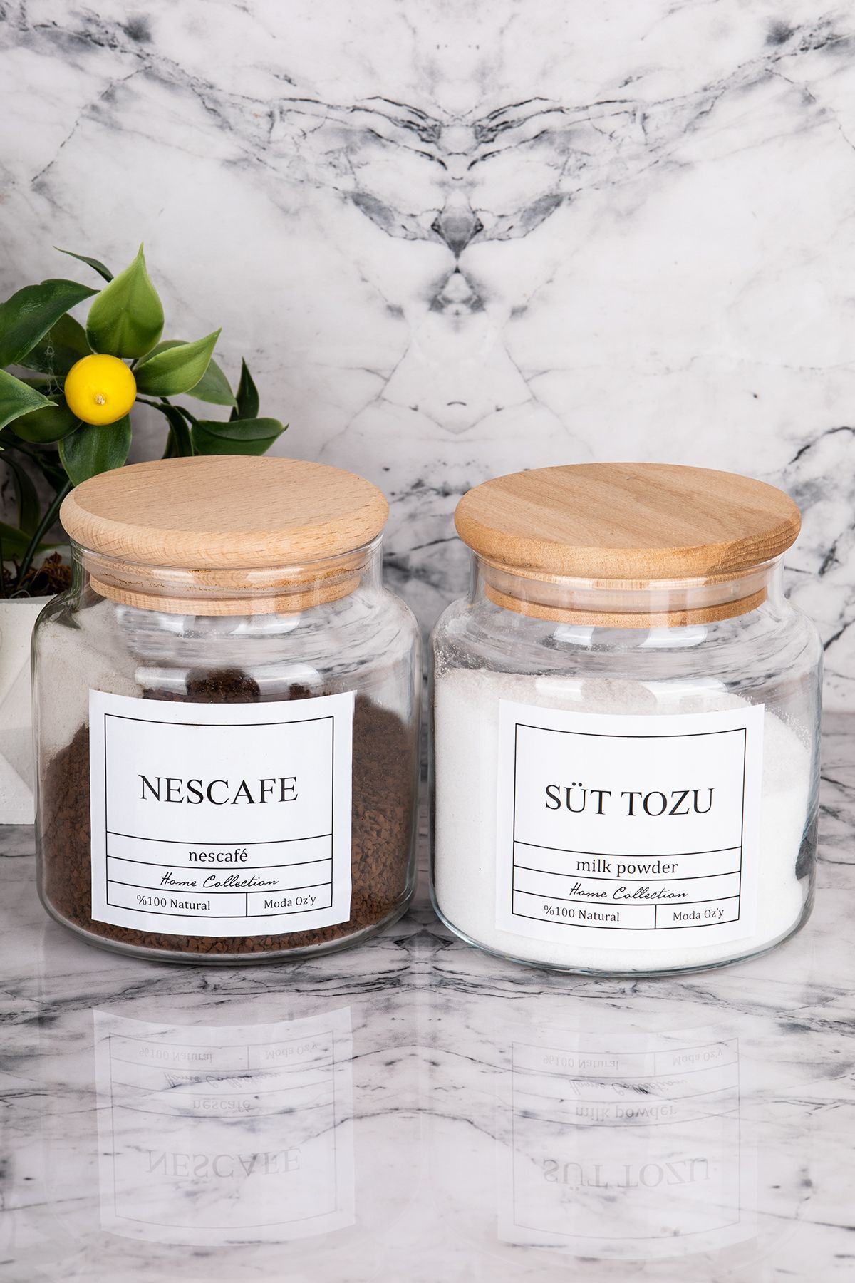 2li Ahşap Kapaklı 500ml Nescafe & Süttozu Etiketli Kavanoz Cam Saklama Kabı (Suya Dayanıklı Etiket)