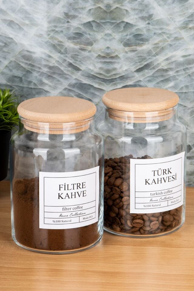 2li 800ml Ahşap Kapaklı Filtre Kahve &Türk Kahvesi Kavanozu Vakumlu Saklama Kabı (Etiket Dahildir)