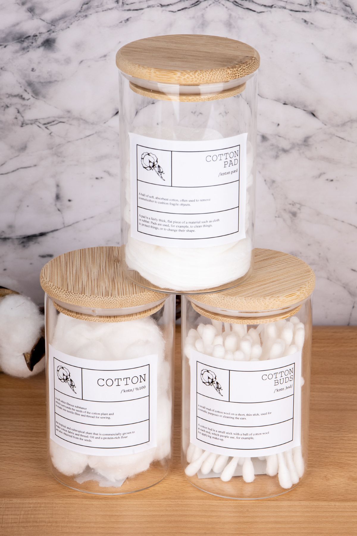 3lü Bambu Kapaklı 250ml Pamuk/Kulak Pamuğu/Makyaj Pamuğu Etiketli Cam Kavanoz Banyo Düzenleyici