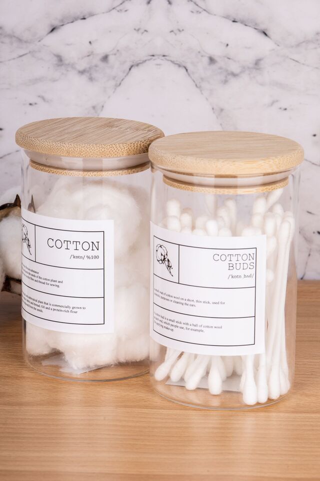 2li 250ml Bambu Kapaklı Pamuk/Kulak Pamuğu Kavanozu Cam Banyo Düzenleyici