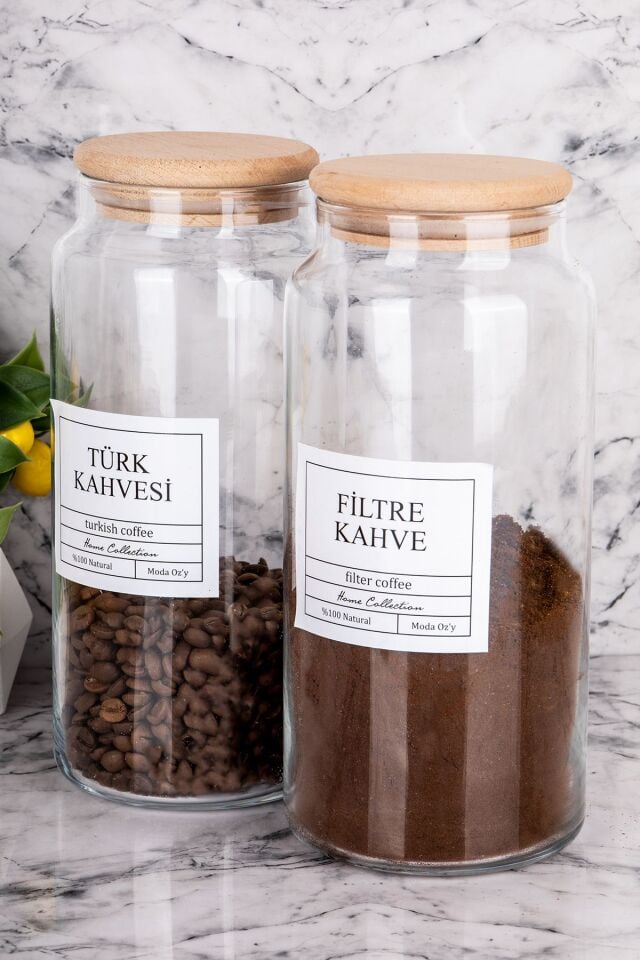 2li Ahşap Kapaklı Vakumlu 1300ml Filtre Kahve & Türk Kahvesi Kavanozu (Etiket Dahildir)