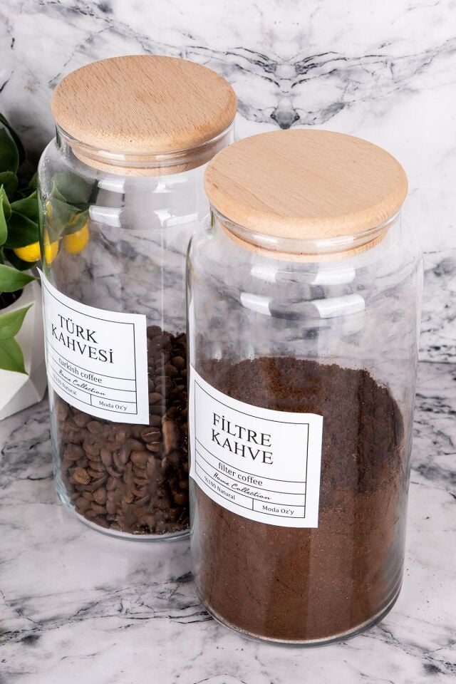 2li Ahşap Kapaklı Vakumlu 1300ml Filtre Kahve & Türk Kahvesi Kavanozu (Etiket Dahildir)