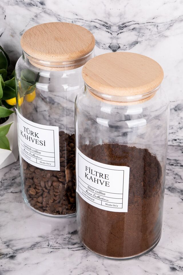 2li Ahşap Kapaklı Vakumlu 1300ml Filtre Kahve & Türk Kahvesi Kavanozu (Etiket Dahildir)