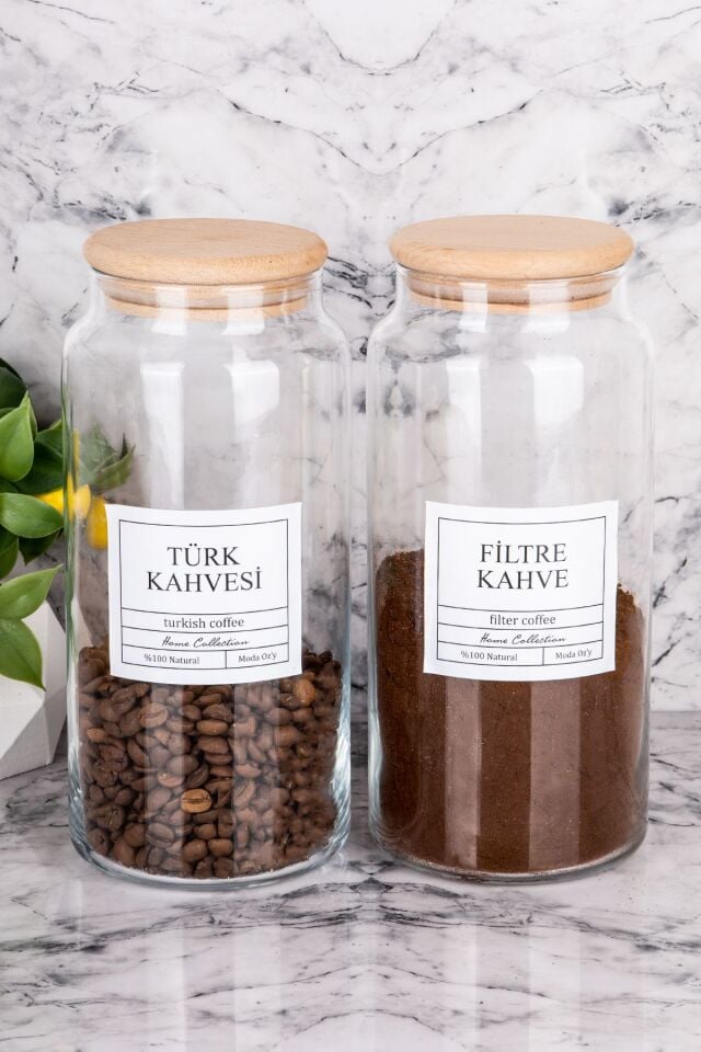 2li Ahşap Kapaklı Vakumlu 1300ml Filtre Kahve & Türk Kahvesi Kavanozu (Etiket Dahildir)