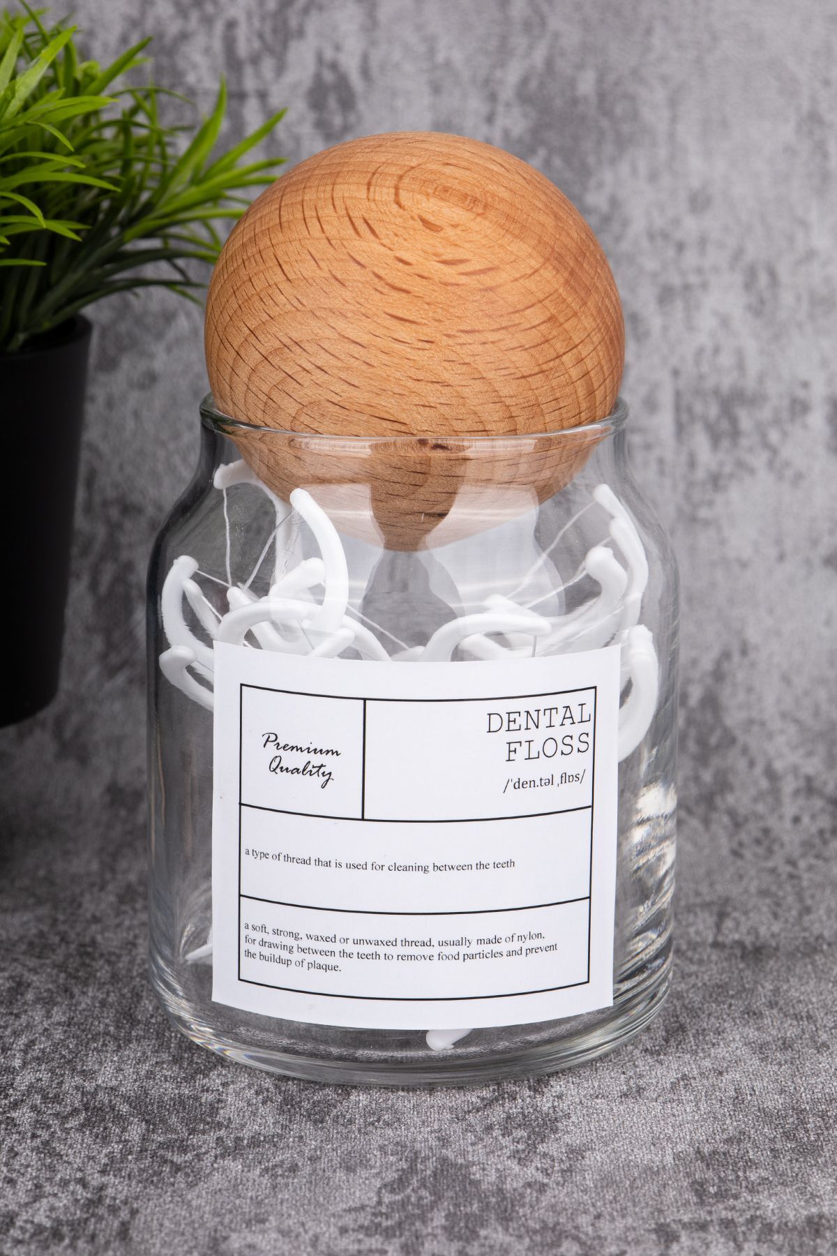 300ml Ahşap Kapaklı Vakumlu Cam Diş İpi Kavanozu Etiketli Banyo Düzenleyici