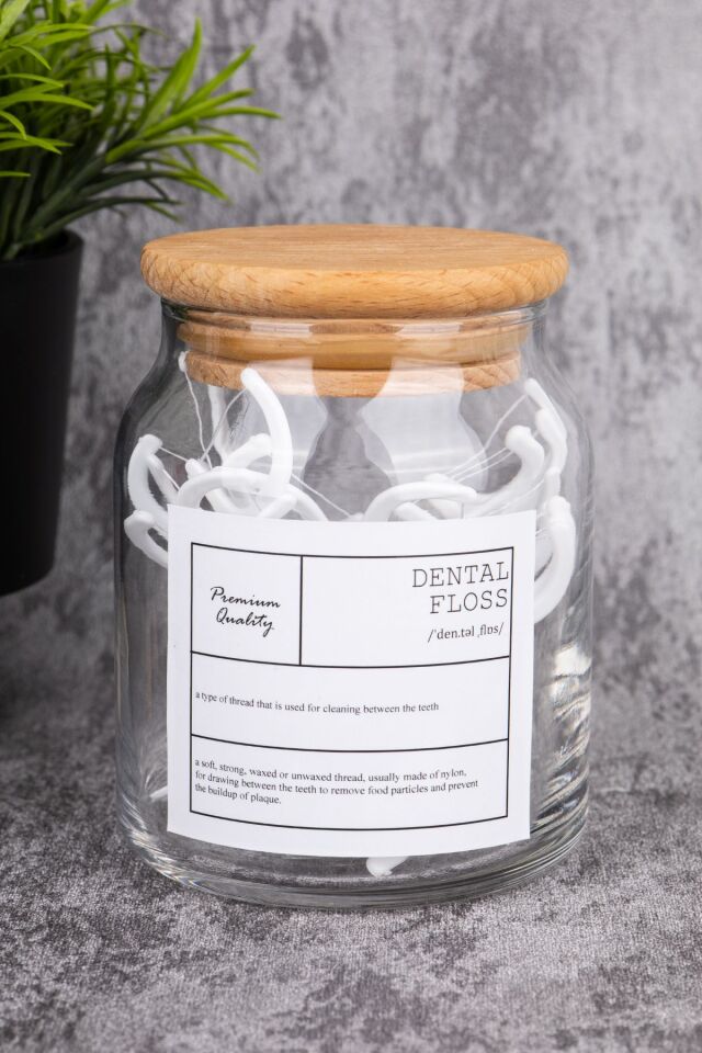 300ml Ahşap Kapaklı Vakumlu Cam Diş İpi Kavanozu Etiketli Banyo Düzenleyici