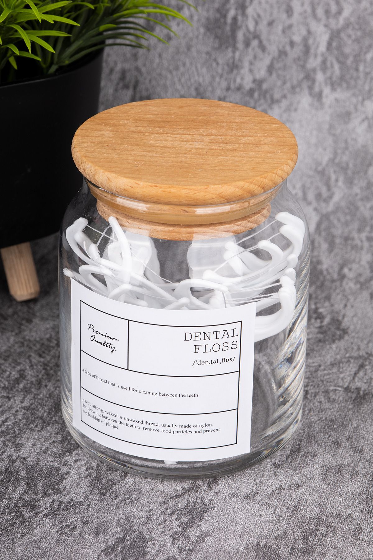 300ml Ahşap Kapaklı Vakumlu Cam Diş İpi Kavanozu Etiketli Banyo Düzenleyici