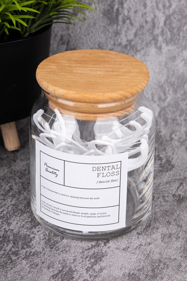 300ml Ahşap Kapaklı Vakumlu Cam Diş İpi Kavanozu Etiketli Banyo Düzenleyici