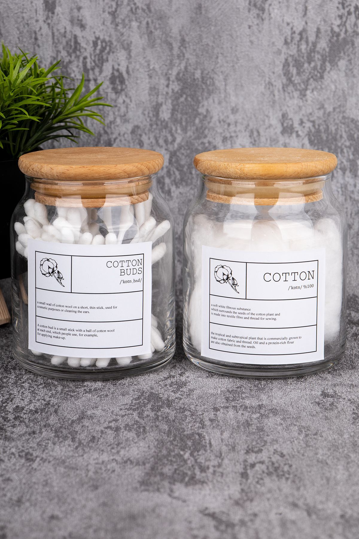 2li 300ml Ahşap Kapaklı Pamuk/Kulak Pamuğu Kavanozu Cam Banyo Düzenleyici