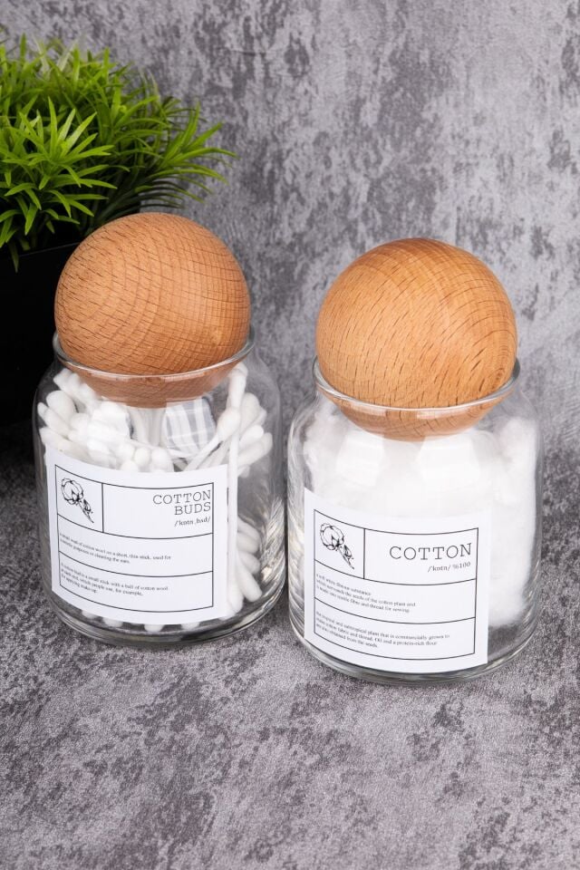 2li 300ml Top Kapaklı Pamuk/Kulak Pamuğu Kavanozu Cam Banyo Düzenleyici