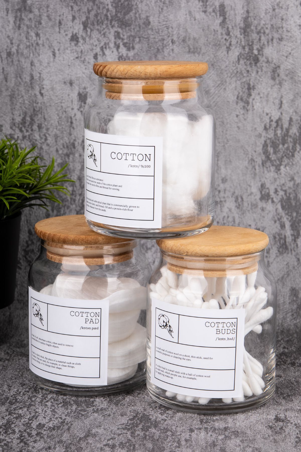 3lü Ahşap Kapaklı 300ml Pamuk/Kulak Pamuğu/Makyaj Pamuğu Etiketli Cam Kavanoz Banyo Düzenleyici