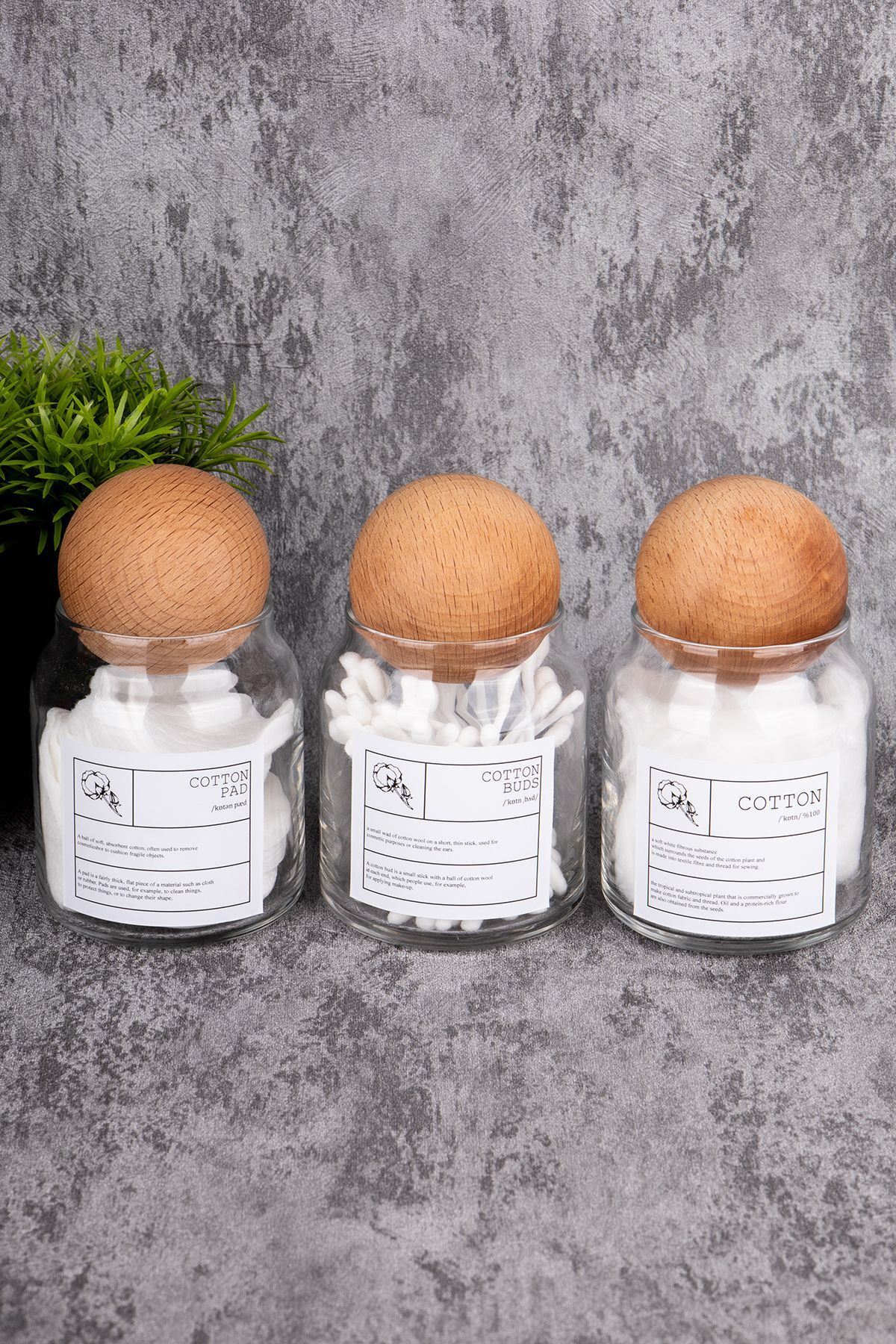 3lü Top Kapaklı 300ml Pamuk/Kulak Pamuğu/Makyaj Pamuğu Etiketli Cam Kavanoz Banyo Düzenleyici