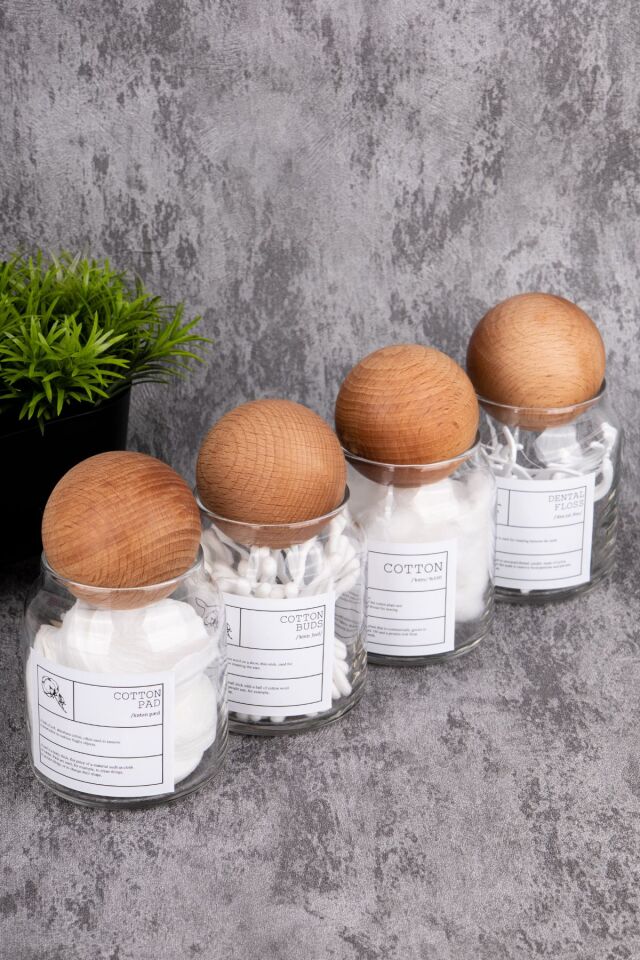 4Lü 300ml Top Kapaklı Pamuk/Kulak Pamuğu/Makyaj Pamuğu/Diş İpi Kavanozu Cam Banyo Düzenleyici