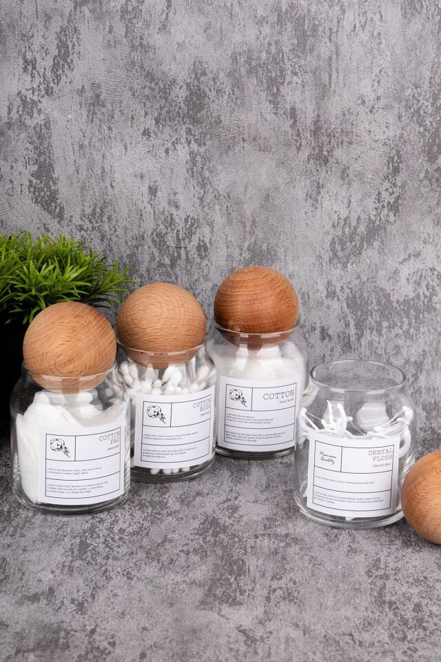 4Lü 300ml Top Kapaklı Pamuk/Kulak Pamuğu/Makyaj Pamuğu/Diş İpi Kavanozu Cam Banyo Düzenleyici