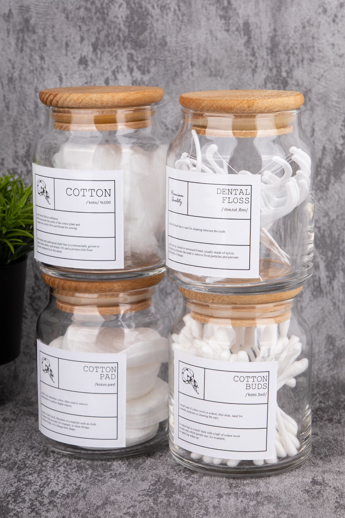 4Lü 300ml Ahşap Kapaklı Pamuk/Kulak Pamuğu/Makyaj Pamuğu/Diş İpi Kavanozu Cam Banyo Düzenleyici