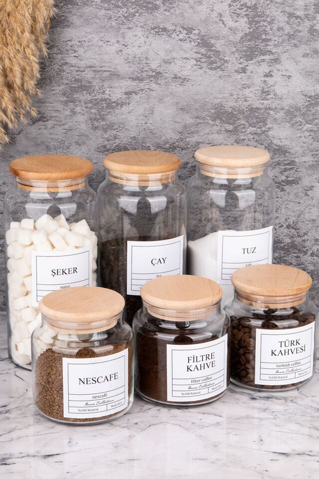 3lü Ahşap Kapaklı Cam 1300ml Çay/Şeker/Tuz Ve 3lü 500ml FiltreKahve/TürkKahvesi/Nescafe Kavanozu