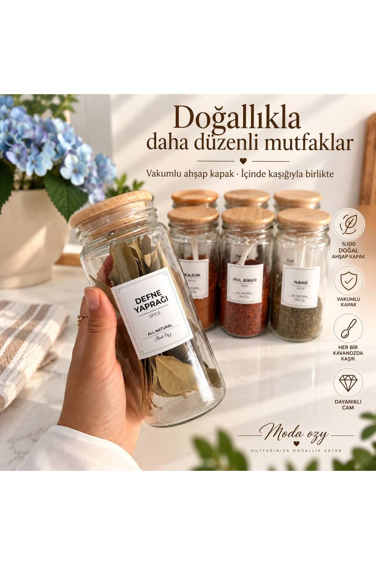 12'li Ahşap Kapaklı Vakumlu Cam Baharatlık Kavanoz Seti Etiket-Kaşık Hediyeli Baharatlık Seti Saklama Kabı 500 ml