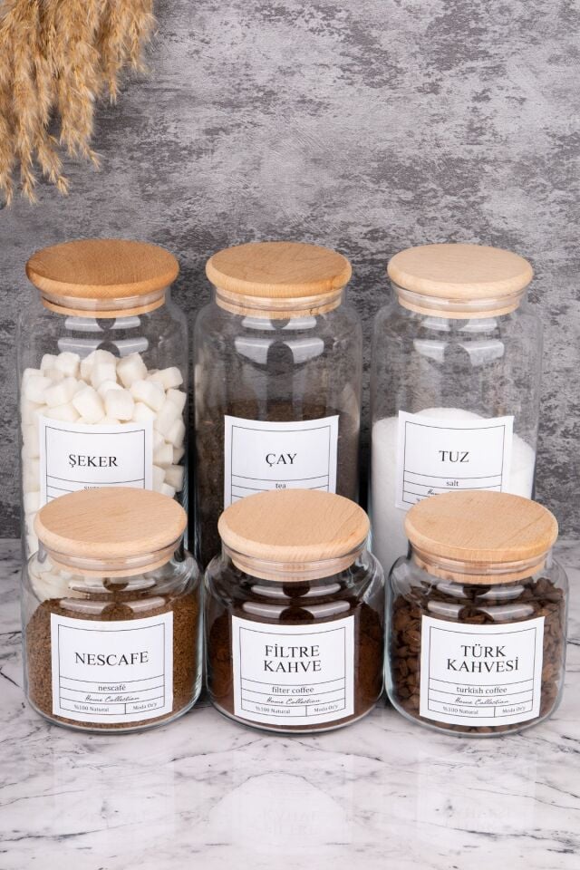 3lü Ahşap Kapaklı Cam 1300ml Çay/Şeker/Tuz Ve 3lü 500ml FiltreKahve/TürkKahvesi/Nescafe Kavanozu