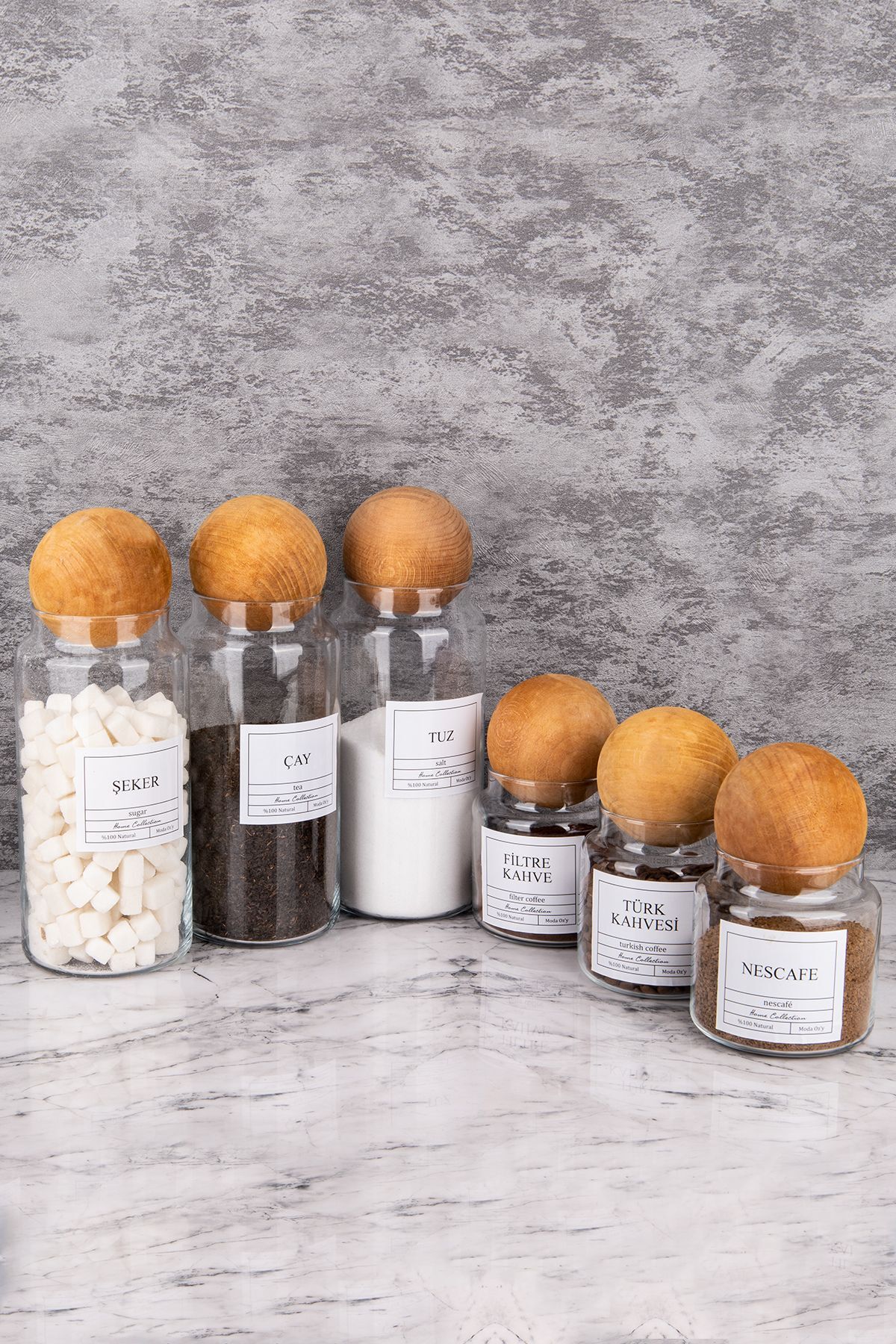 3lü Top Kapaklı Cam 1300ml Çay/Şeker/Tuz Ve 3lü 500ml FiltreKahve/TürkKahvesi/Nescafe Kavanozu