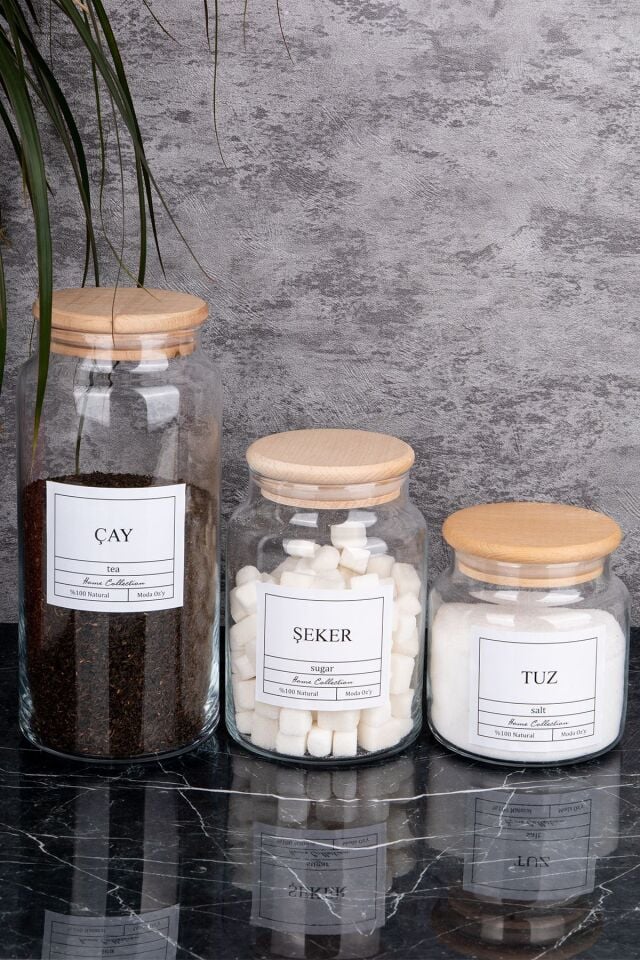 3'lü 1300/800/500 ml Ahşap Kapaklı Çay&Şeker&Tuz Kavanozu Vakumlu Saklama Kabı