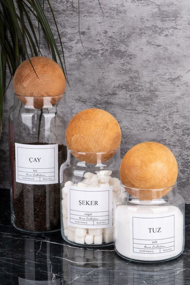 3'lü 1300/800/500 ml Top Kapaklı Çay&Şeker&Tuz Kavanozu Cam Saklama Kabı