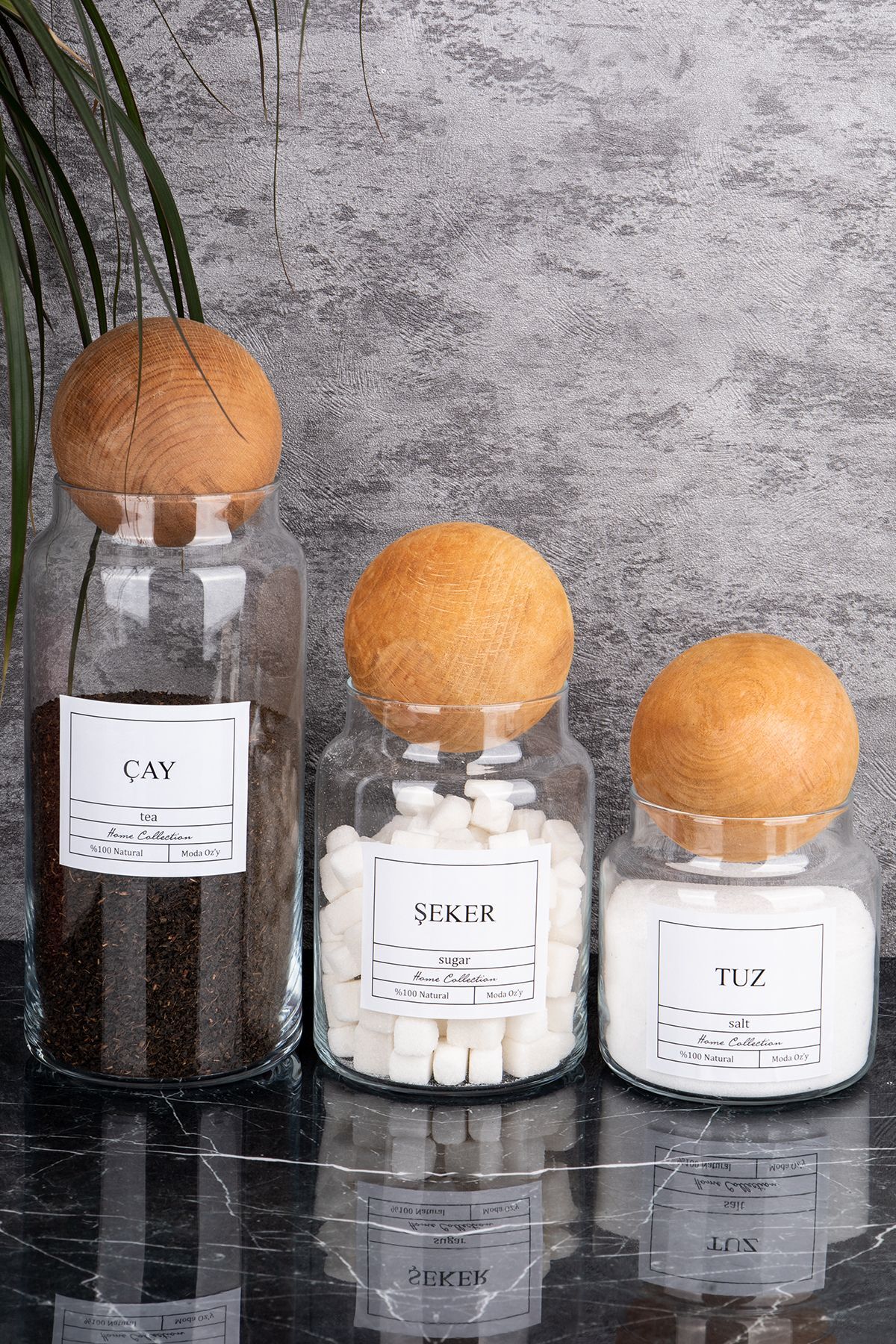 3'lü 1300/800/500 ml Top Kapaklı Çay&Şeker&Tuz Kavanozu Cam Saklama Kabı