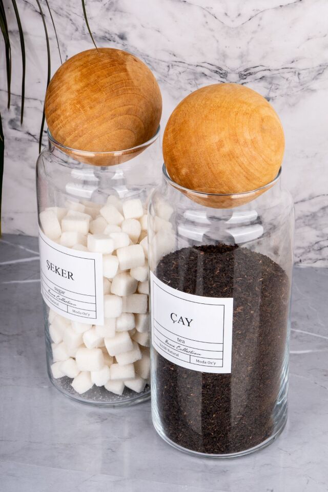 2li 1300ml Ahşap Top Kapaklı Cam Kavanoz Çay&Şeker Saklama Kabı