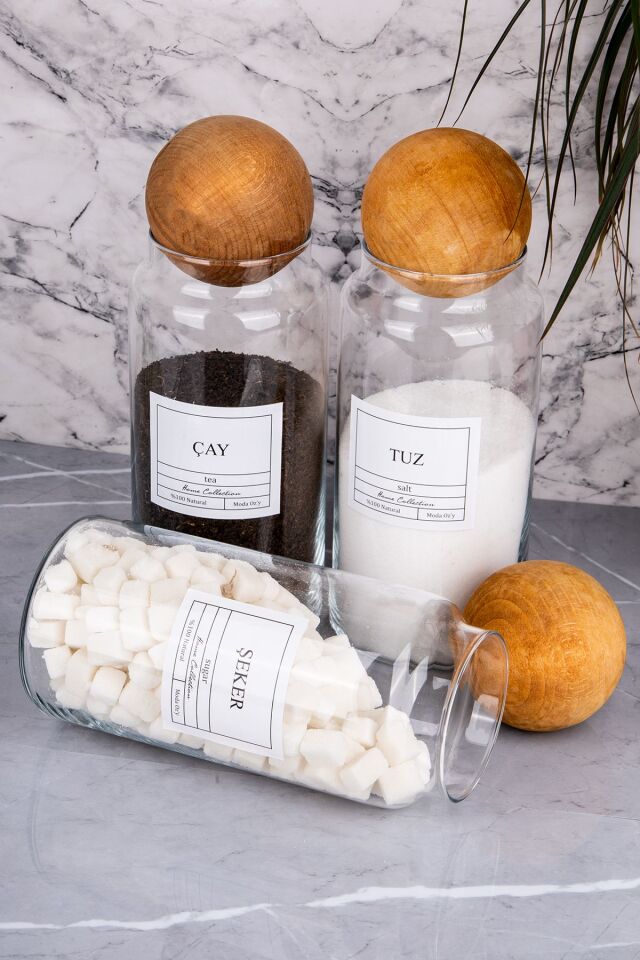3'lü Top Kapaklı Çay & Şeker & Tuz Kavanozu 1300Ml Saklama Kabı (Suya Dayanıklı Etiket)