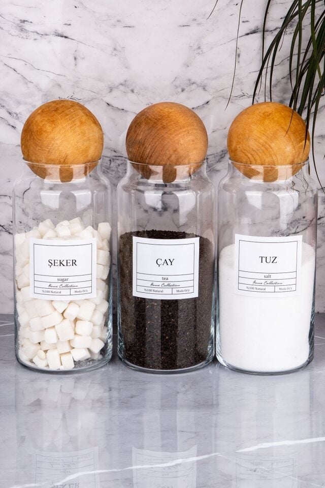 3'lü Top Kapaklı Çay & Şeker & Tuz Kavanozu 1300Ml Saklama Kabı (Suya Dayanıklı Etiket)