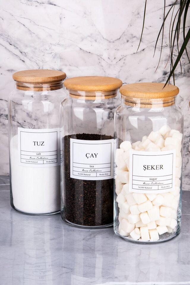 3'lü Ahşap Kapaklı Vakumlu Çay&Şeker&Tuz Kavanozu 1300Ml Saklama Kabı