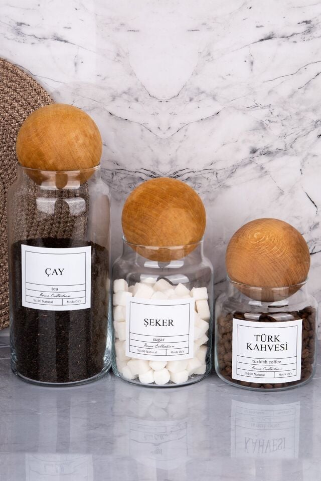 3'lü 1300/800/500 ml Top Kapaklı Çay&Şeker&Türk Kahvesi Kavanozu Cam Saklama Kabı