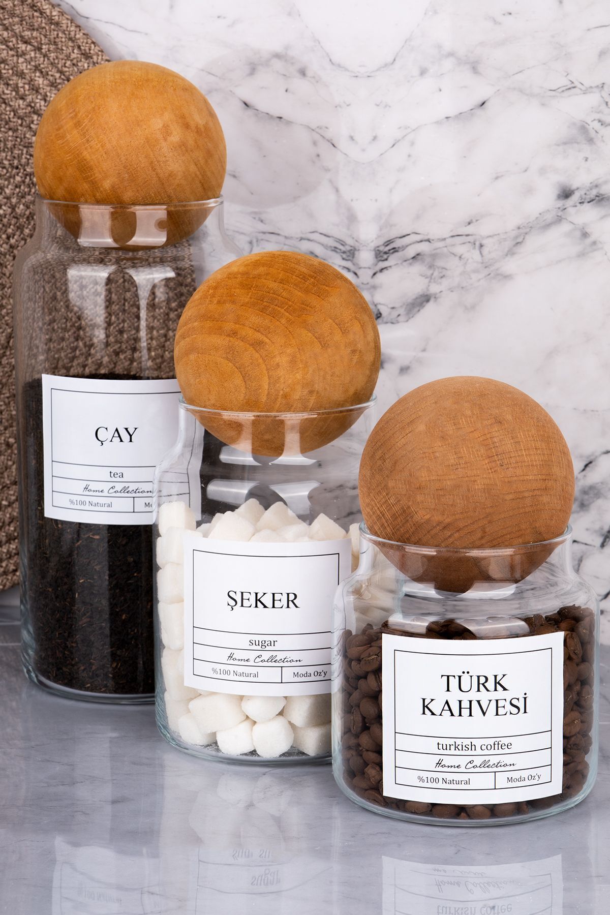 3'lü 1300/800/500 ml Top Kapaklı Çay&Şeker&Türk Kahvesi Kavanozu Cam Saklama Kabı