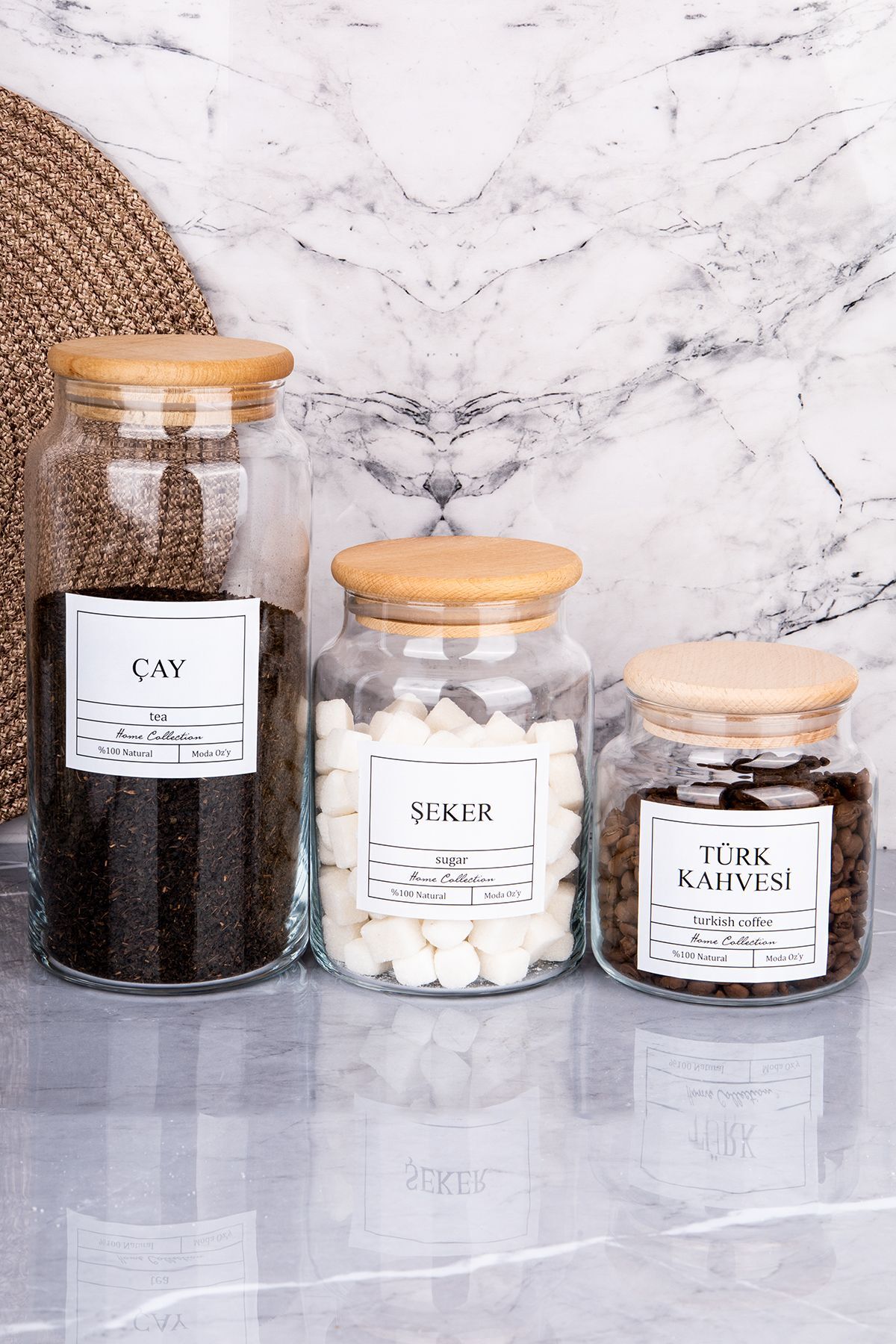 3'lü 1300/800/500 ml Ahşap Kapaklı Çay&Şeker&Türk Kahvesi Kavanozu Vakumlu Saklama Kabı
