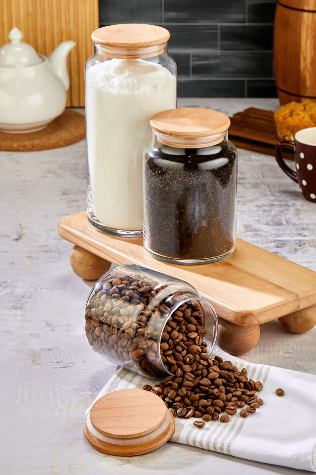 3'lü Ahşap Kapaklı Vakumlu Kavanoz Seti Stantlı Saklama Kabı 1300/800/500ML