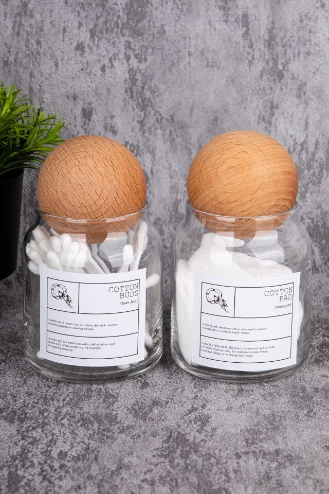 2'li Ahşap Top Kapaklı Kulak Pamuğu & Makyaj Pamuğu Organizatörü 300 Ml Kavanoz Pamukluk