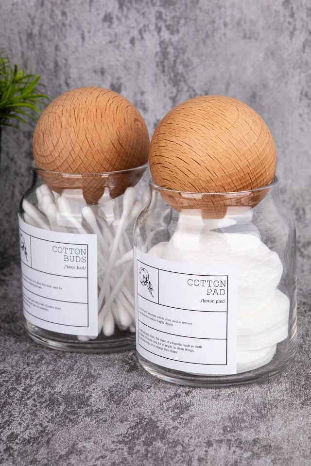 2'li Ahşap Top Kapaklı Kulak Pamuğu & Makyaj Pamuğu Organizatörü 300 Ml Kavanoz Pamukluk