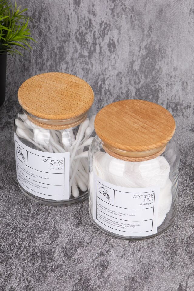 Kulak Pamugu - Makyaj Pamuğu Cam Ahşap Kapaklı Vakumlu Banyo Düzenleyici  Kavanoz