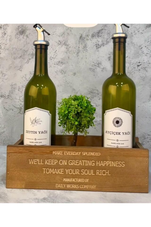 Ahşap Stantlı Amber 2'li 750 ml Zeytinyağı Sıvıyağ Şişesi Yağdanlık Yağlık