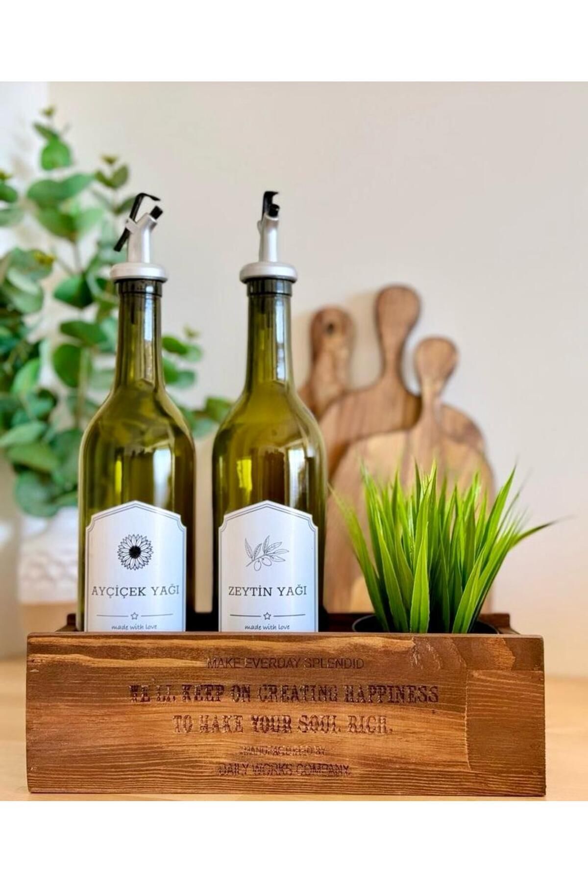 Ahşap Stantlı Amber 2'li 750 ml Zeytinyağı Sıvıyağ Şişesi Yağdanlık Yağlık