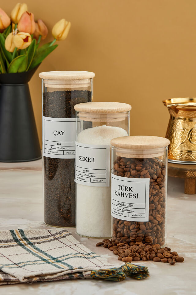 3'lü 100/7500/500 ml Ahşap Kapaklı Çay&Şeker&Türk Kahvesi Kavanozu Vakumlu Saklama Kabı