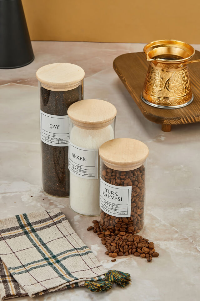 3'lü 100/7500/500 ml Ahşap Kapaklı Çay&Şeker&Türk Kahvesi Kavanozu Vakumlu Saklama Kabı