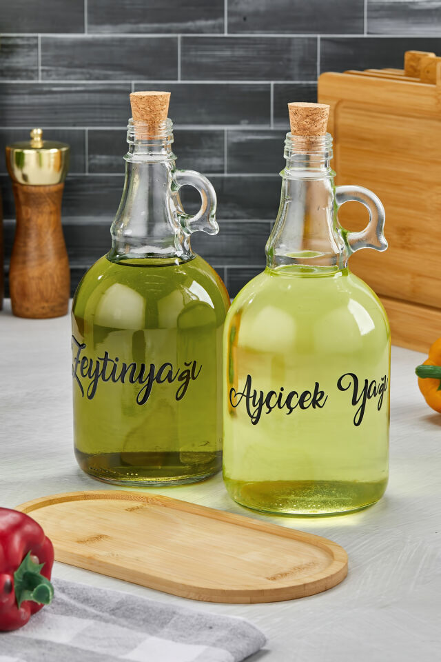 2'li Mantar Tıpalı, Standlı 1000 ml Cam Yağdanlık Ayçiçek Yağı/Zeytin Yağı Şişesi(Transfer Etiketli)