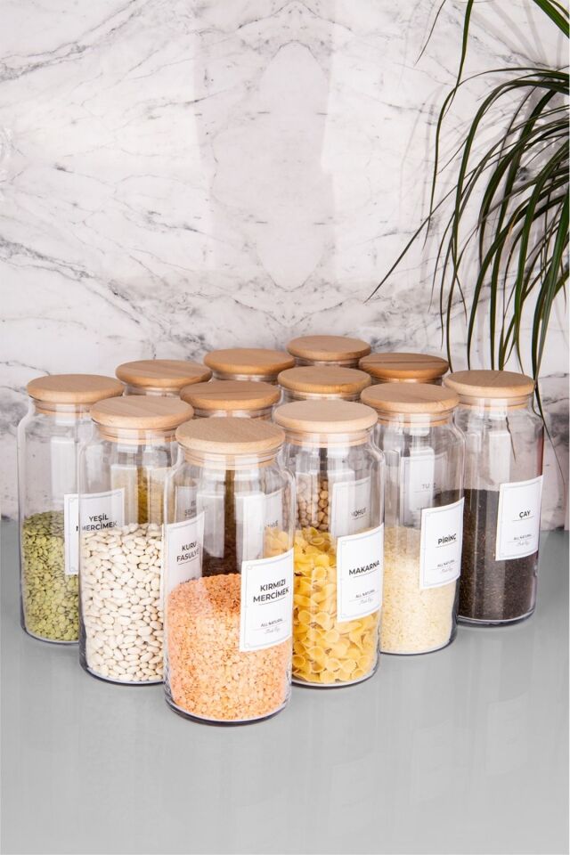 12li 1300ml  Vakumlu Ahşap  Kapaklı Cam Bakliyat Kavanozu Büyük Boy Saklama Seti(Etiket Dahildir)