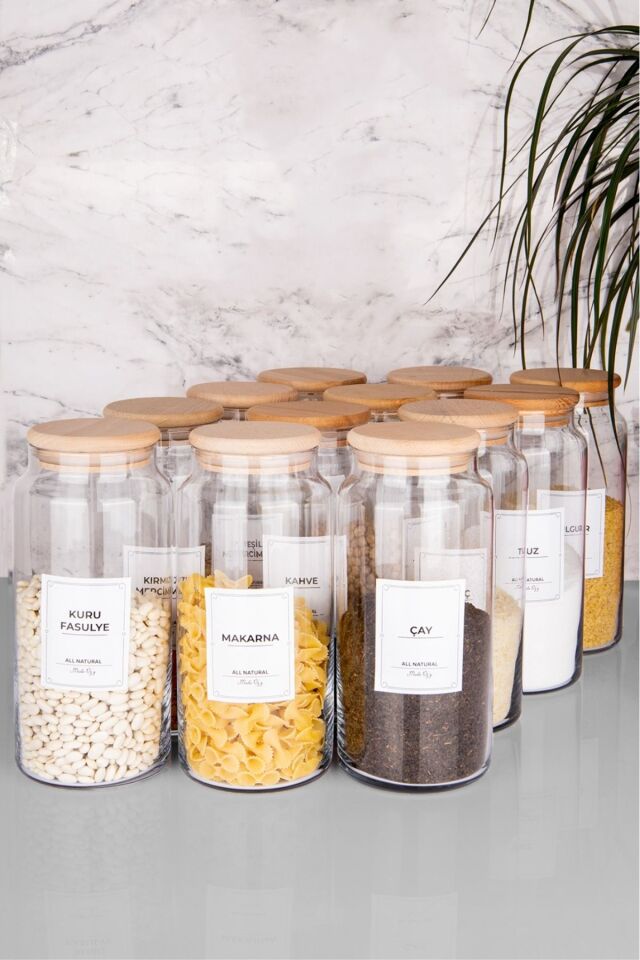 12li 1300ml  Vakumlu Ahşap  Kapaklı Cam Bakliyat Kavanozu Büyük Boy Saklama Seti(Etiket Dahildir)