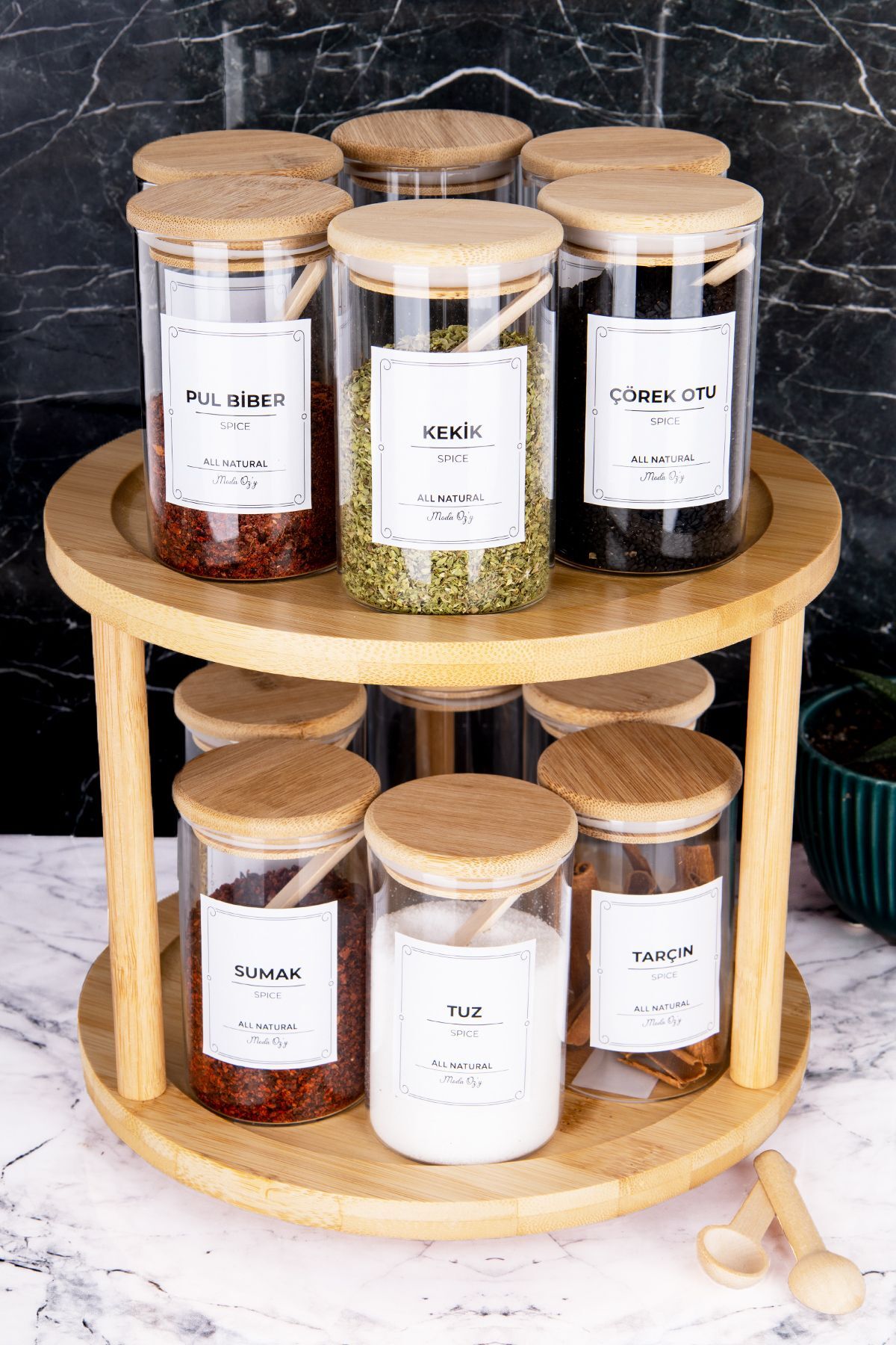 12'li Bambu Kapaklı Döner Standlı Borosilikat Cam Baharatlık(Etiket Kaşık Dahil)250ml