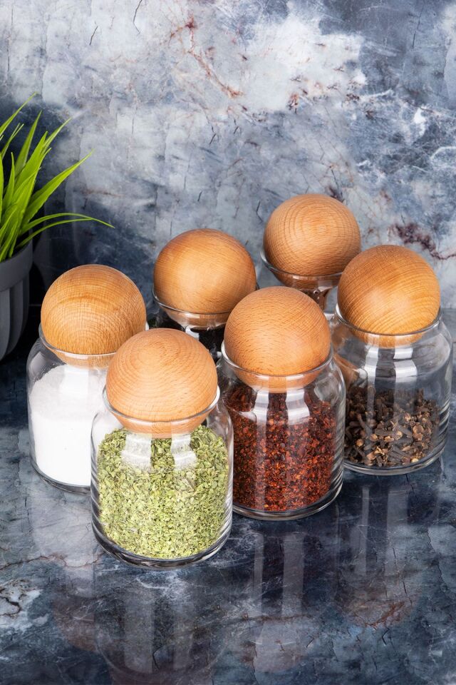 6'lı Ahşap Top Kapaklı 300 Ml Cam Baharatlık Çerezlik Şekerlik Seti
