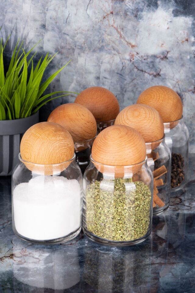 6'lı Ahşap Top Kapaklı 300 Ml Cam Baharatlık Çerezlik Şekerlik Seti