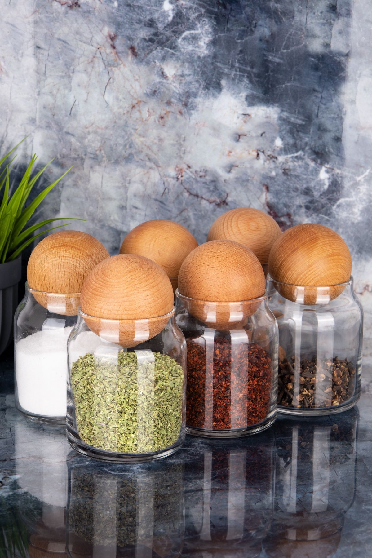 6'lı Ahşap Top Kapaklı 300 Ml Cam Baharatlık Çerezlik Şekerlik Seti