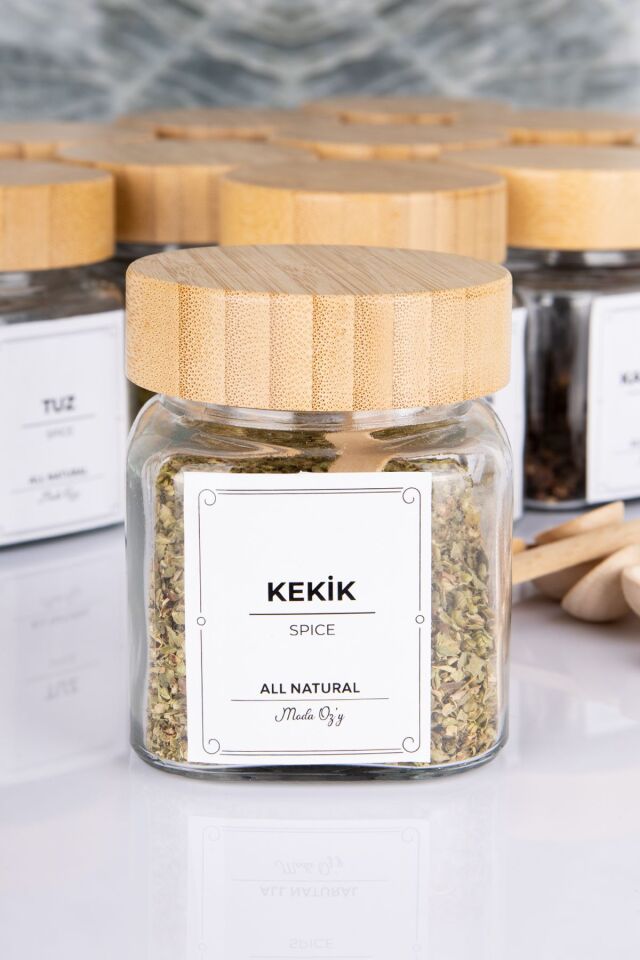 Etiketli Bambu Kapaklı 300 ml 6 Adet Kavanoz Ve 6 Adet Mini Baharat Kaşığı - 12 Parça Baharat Seti
